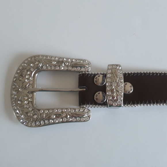 BHW dark brown genuine leather western bling belt - Picture 5 of 8